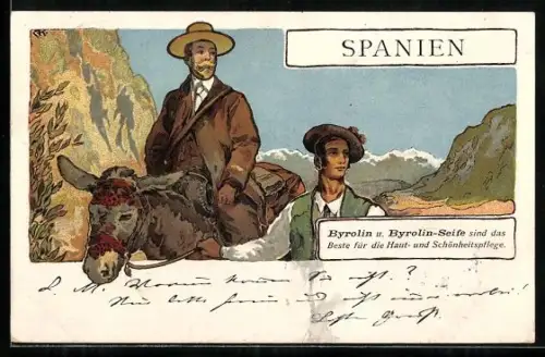 AK Byrolin-Seife, Fremdenführer begleitet Reisenden durch Spaniens Pyrinäen, Maultier