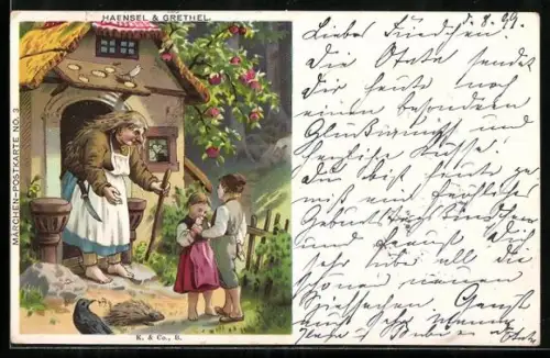 AK Hänsel und Gretel werden von der Hexe in Empfang genommen, Rabe und Igel sehen zu