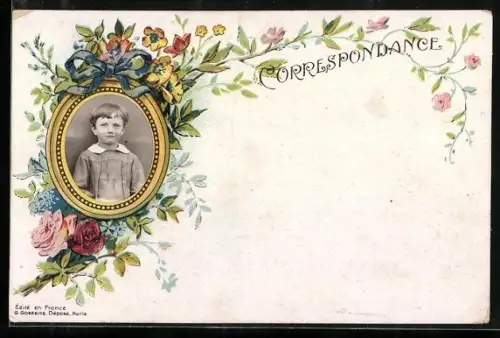 Foto-Collage-AK Porträt eines Jungen, eingerahmt in einer Brosche, die mit verschiedenen Blumen geschmückt ist