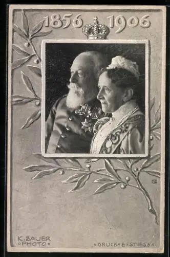 Künstler-AK Portrait Grossherzogpaar von Baden, Lorbeezweig, Krone