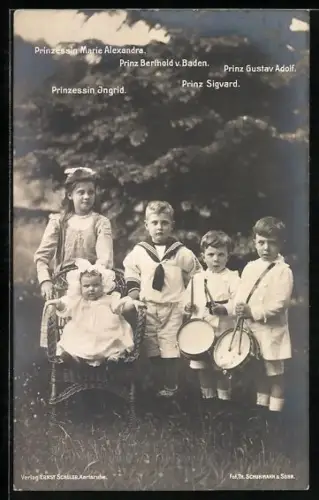 AK Prinzessin Marie Alexandra, Ingrid, sowie Prinzen Berthold, Gustav Adolf und Sigvard von Baden