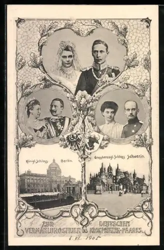 AK Schwerin, Vermählungsfeier des deutschen Kronprinzen-Paares, Grosshzrgl. Schloss Schwerin und Kgl. Schloss Berlin