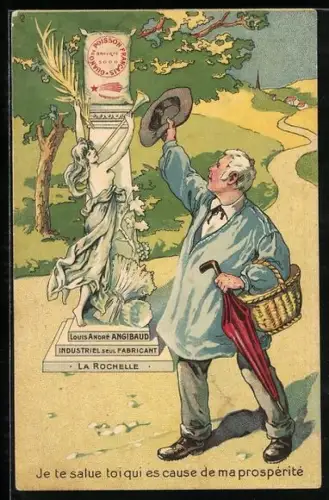 Künstler-AK La Rochelle, Mann grüsst Denkmal von Louis André Angibaud, Reklame für Guano de Poisson Francais SGDG
