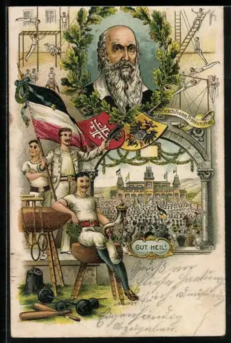 Lithographie Porträt von Turnvater Jahn mit Turnern und Reichsflagge