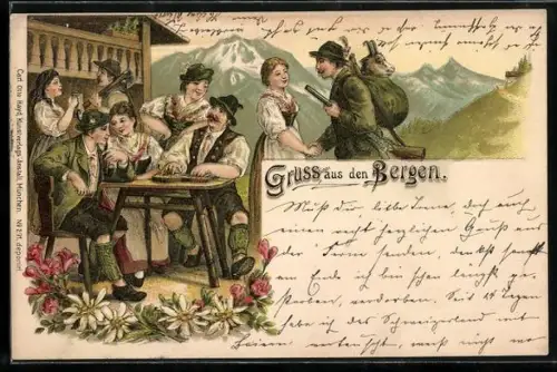 Lithographie Jagdgemeinschaft in einem Gasthaus beim Zitherspiel, Gruss aus den Bergen