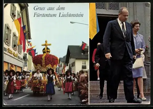 AK Vaduz, S.D. Fürst Franz Josef II. und Fürstin Gina sowie Feier mit Liechtensteiner Trachten