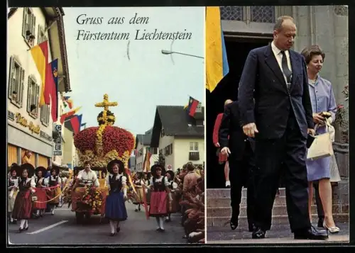 AK Vaduz, S.D. Fürst Franz Josef II. und Fürstin Gina sowie Fest mit Liechtensteiner Trachten