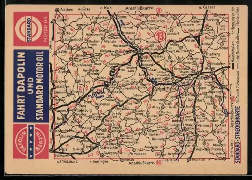 AK Reklame für Benzin von Dapolin und Motoröl von Standard mit Karte von Mainz und erreichbaren Städten