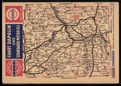 AK Reklame für Benzin von Dapolin und Motoröl von Standard mit Karte von Mainz und erreichbaren Städten