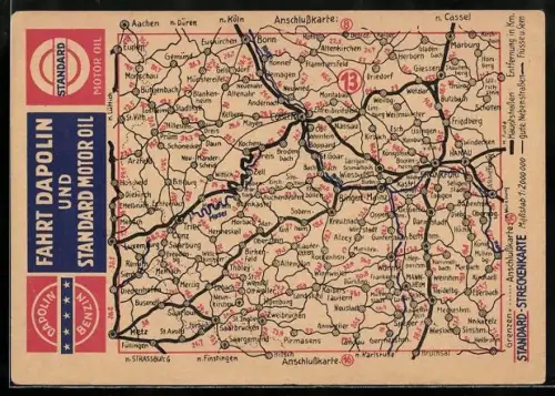AK Reklame für Benzin von Dapolin und Motoröl von Standard mit Karte von Mainz und erreichbaren Städten