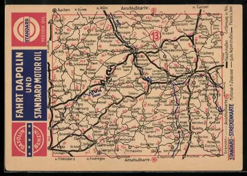AK Reklame für Benzin von Dapolin und Motoröl von Standard mit Karte von Mainz und erreichbaren Städten