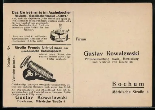 AK Bochum, Reklame für Aschenbecher und mechanischen Rasierapparat zum Aufziehen von Gustav Kowalewski