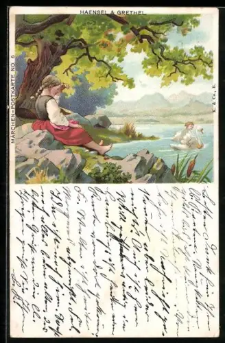 Lithographie Hänsel und Gretel am See