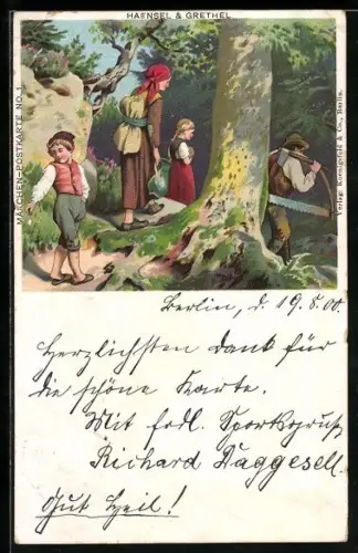 Glitzer-Perl-Künstler-AK Hänsel und Gretel mit anderen Menschen im Wald