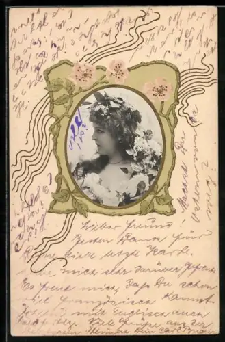 Foto-Collage-AK Porträt einer hübschen Dame, Passepartout mit Blumen