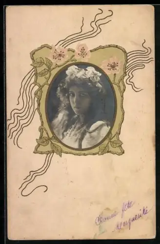 Foto-Collage-AK Junge Dame mit nachdenklichem Blick und Blumen im Haar, Jugendstil-Passepartout