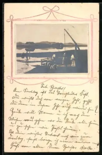 Foto-Collage-AK Uferpartie mit Frauen und Hunden