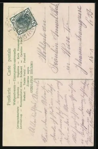 AK Briefträgerin salutiert mit einem Geldsack in der Hand, Kleeblatt, Neujahr