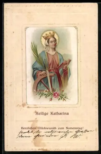 Präge-AK Schutzpatronin Heilige Katharina mit Bibel und Schwert