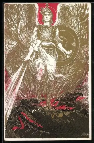 AK Der deutsche Krieger besiegt den Drachen, Propaganda 1. Weltkrieg