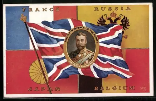AK King George V., Union Jack, Flags of France, Russia, Japan and Belgium