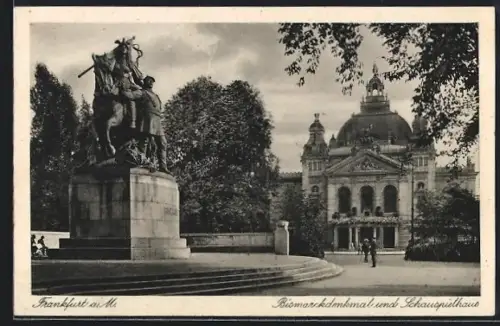 AK Frankfurt a. M., Bismarckdenkmal, Schauspielhaus