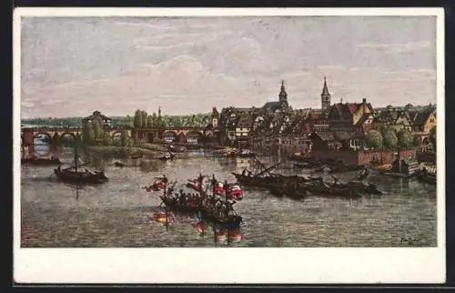 Künstler-AK Frankfurt-Sachsenhausen, Ansicht um 1850, Main, Brücke, Altstadt