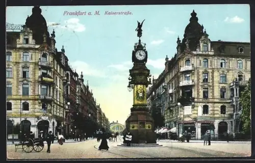 AK Frankfurt a. M., Kaiserstrasse mit Denkmal und Strassenszene