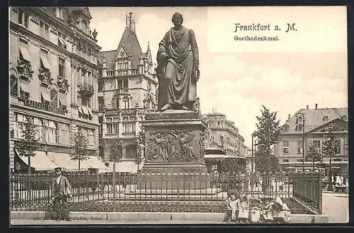 AK Frankfurt a. M., Goethedenkmal, mit Kindergruppe