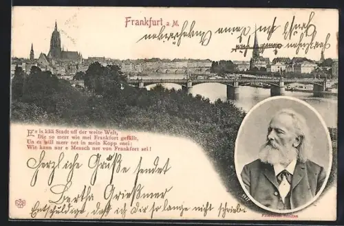 AK Alt-Frankfurt, Stadtansicht mit Brücke und Porträt Friedrich Stoltze