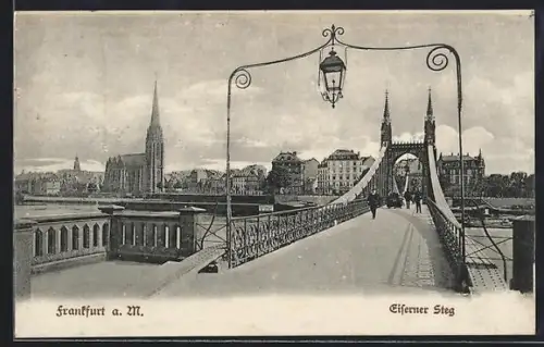 AK Alt-Frankfurt, Eiserner Steg mit Stadtpanorama