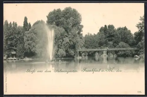 AK Frankfurt-Westend, Palmengarten, See mit Fontäne und Brücke