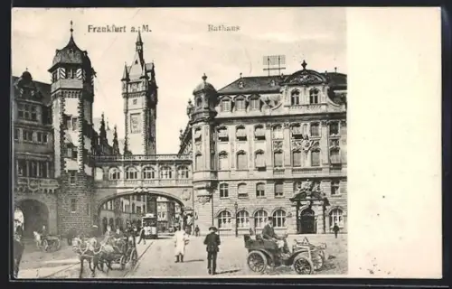 AK Alt-Frankfurt, Rathaus mit Tor, Turm, Strassenbahn