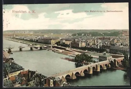 AK Frankfurt-Sachsenhausen, Alte Mainbrücke und Ortsansicht