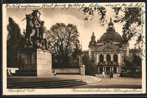 AK Frankfurt a /M, Bismarckdenkmal u. Schauspielhaus