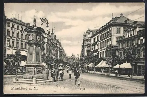 AK Frankfurt a. M., Zeil, Strassenszene mit Uhrturm