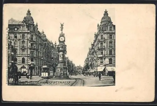 AK Frankfurt a. M., Kaiserstrasse, Strassenpartie mit Strassenbahn u. Uhrensäule