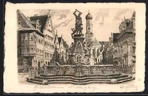 Künstler-AK Augsburg, Augustusbrunnen und Ulrichskirche