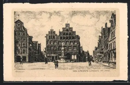 Künstler-AK Lüneburg, Am Sande, mit Denkmal