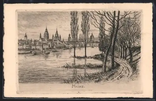 Künstler-AK Mainz, Ortsansicht und Flusspartie