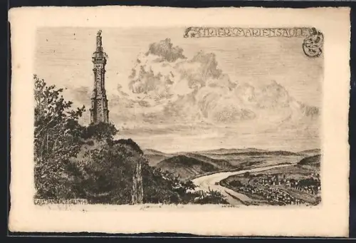 Künstler-AK Trier, Mariensäule, Moselblick