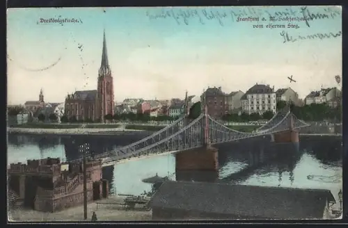 AK Frankfurt a. M.-Sachsenhausen, Ortsansicht mit Dreikönigskirche vom eisernen Steg