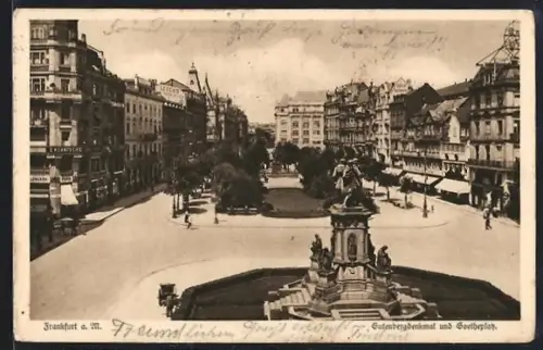 AK Frankfurt a. M., Gutenbergdenkmal und Goetheplatz