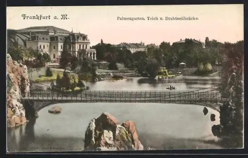 AK Frankfurt-Westend, Palmengarten, Teich, Drahtseilbrücke