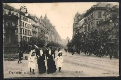 AK Frankfurt a. M., Die Zeil, Strassenszene mit Passanten und Uhr