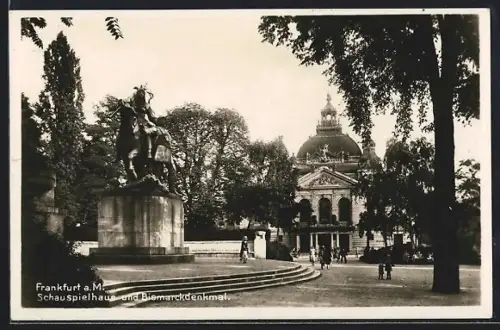 AK Frankfurt a. M., Schauspielhaus mit Bismarckdenkmal