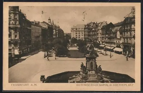 AK Frankfurt a. M., Gutenbergdenkmal, Goetheplatz aus der Vogelschau