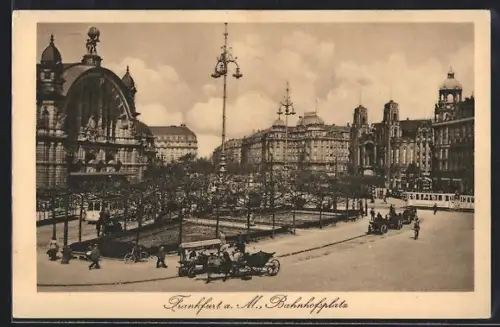 AK Frankfurt a. M., Bahnhofsplatz aus der Vogelschau, Strassenbahn