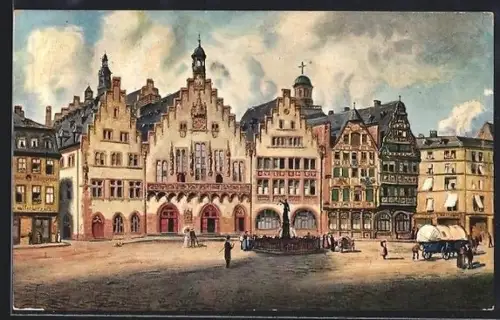 Künstler-AK Alt-Frankfurt, Römer, Panorama mit Brunnen