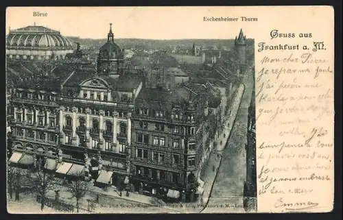 AK Frankfurt a. M., Teilansicht mit Börse und Eschenheimer Thurm